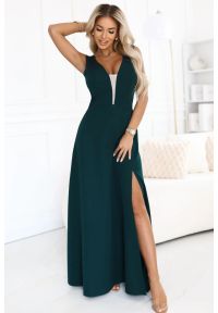 Numoco - Długa sukienka wieczorowa rozkloszowana butelkowa zieleń. Okazja: na wesele, na studniówkę, na imprezę, na ślub cywilny. Styl: wizytowy. Długość: maxi #1
