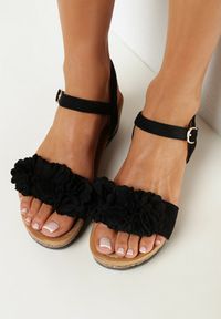 Born2be - Czarne Sandały na Korkowej Koturnie z Ozdobnym Kwiatem Einivi. Kolor: czarny. Wzór: kwiaty. Obcas: na koturnie #3