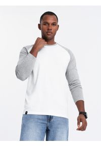 Ombre Clothing - Longsleeve męski z raglanowymi kontrastowymi rękawami – biało-szary V5 - Rozmiar: XL. Okazja: na co dzień. Kolor: szary. Materiał: skóra, jersey, dzianina, materiał, bawełna. Długość rękawa: długi rękaw. Wzór: ze splotem. Styl: klasyczny, casual