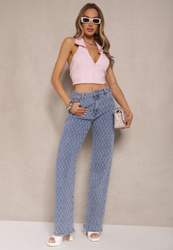 Renee - Niebieskie Jeansy z Bawełny High Waist o Szerokim Kroju w Romby Tuvielle. Okazja: na co dzień. Stan: podwyższony. Kolor: niebieski. Styl: casual