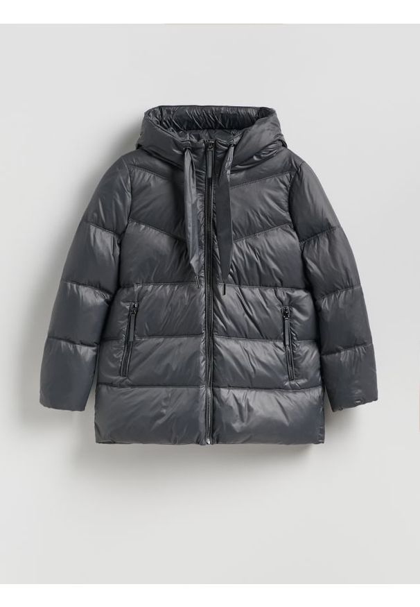 Reserved - Puchowa kurtka z kapturem - ciemnoszary. Typ kołnierza: kaptur. Kolor: szary. Materiał: puch