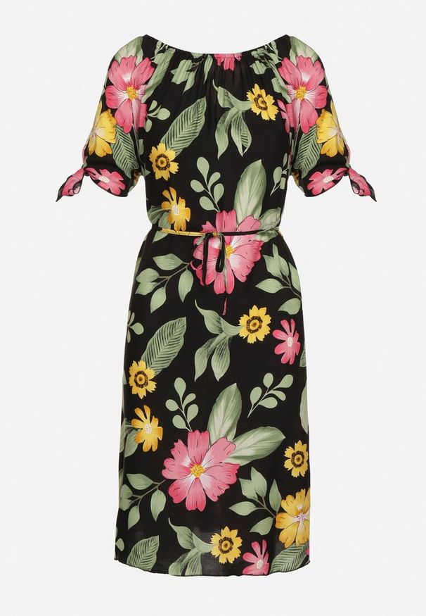 Born2be - Czarna Bawełniana Sukienka w Kwiatowy Wzór z Wiązaniem w Talii i na Rękawach Tosmira. Okazja: na spacer, na co dzień. Kolor: czarny. Materiał: bawełna. Wzór: kwiaty. Sezon: lato. Styl: elegancki, casual