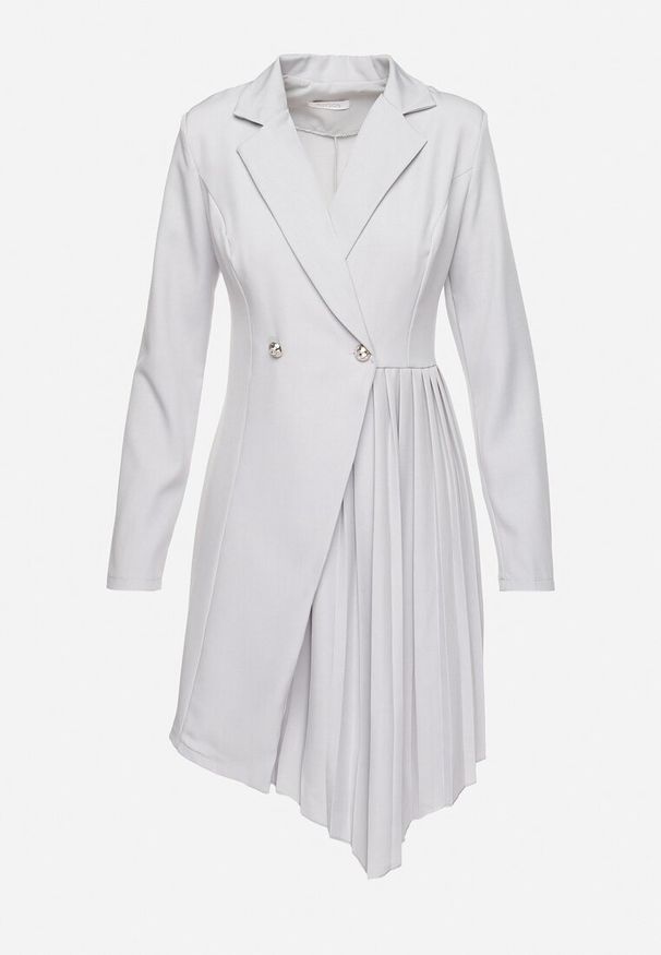 Born2be - Jasnoszara Rozkloszowana Sukienka Mini z Kopertową Górą i Plisami na Dole Lontasa. Kolor: szary. Typ sukienki: kopertowe. Styl: elegancki. Długość: mini