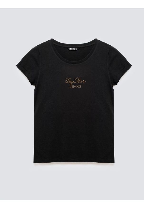 Big-Star - Koszulka damska z napisem z cyrkonii czarna Malvina 906. Kolor: czarny. Materiał: bawełna, jeans, dzianina. Wzór: napisy. Styl: klasyczny