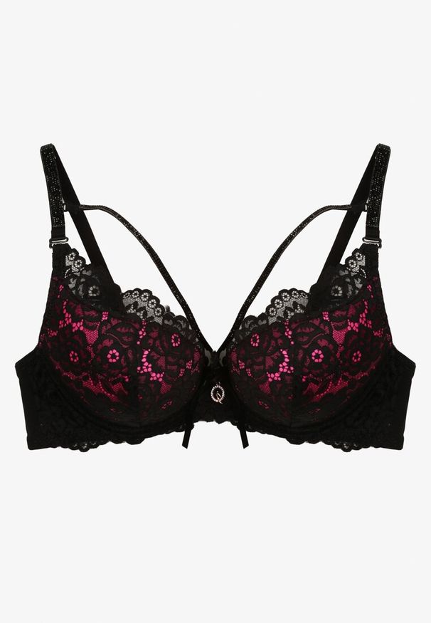 Born2be - Czarno-Fuksjowy Biustonosz Koronkowy Push-Up z Ozdobnymi Cyrkoniami Hevantia. Kolor: czarny. Materiał: koronka. Rodzaj stanika: push-up. Wzór: aplikacja, koronka