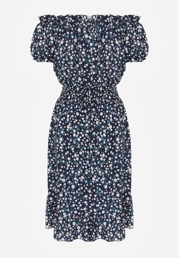 Born2be - Granatowa Bawełniana Sukienka Hiszpanka w Kwiaty z Marszczoną Gumką w Talii Rosaliya. Typ kołnierza: dekolt hiszpanka. Kolor: niebieski. Materiał: bawełna. Wzór: kwiaty