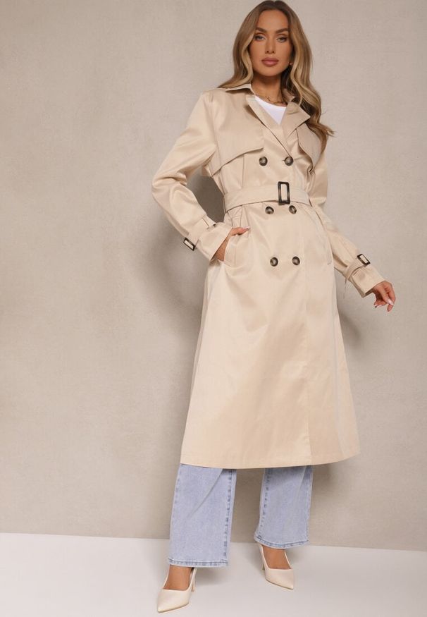 Renee - Jasnobeżowy Płaszcz w Stylu Trencza z Paskiem i Klamrą Sinthelle. Okazja: do pracy, na co dzień. Kolor: beżowy. Styl: casual, elegancki