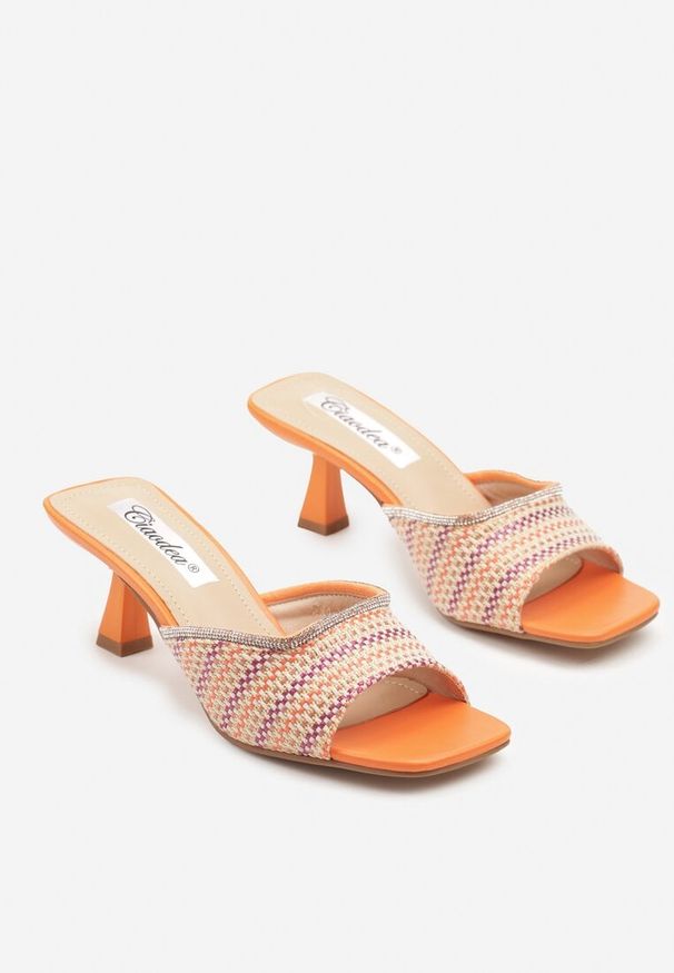Renee - Pomarańczowe Eleganckie Klapki na Obcasie Kaczuszka z Plecionym Paskiem Annalora. Okazja: na co dzień, na spacer. Kolor: pomarańczowy. Sezon: lato. Obcas: na obcasie. Styl: elegancki. Wysokość obcasa: niski