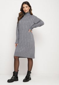 Born2be - Szara Sweterkowa Sukienka z Golfem Wełną i Bawełną Ozdobiona Splotem Reiania. Okazja: na spotkanie biznesowe, do pracy, na co dzień. Typ kołnierza: golf. Kolor: szary. Materiał: wełna, bawełna. Wzór: ze splotem, aplikacja. Typ sukienki: proste. Styl: casual, biznesowy #1