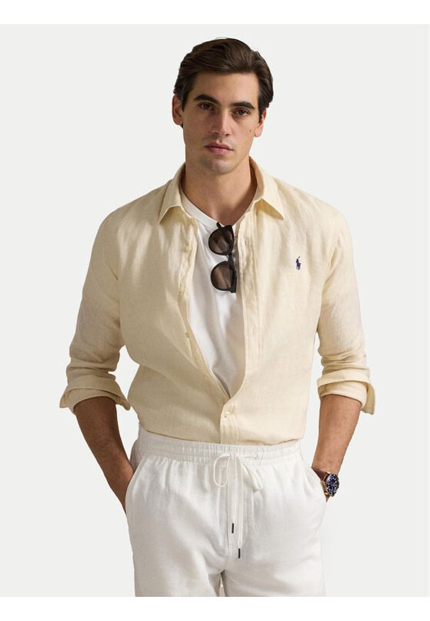 Polo Ralph Lauren Koszula 710968915005 Beżowy Slim Fit. Typ kołnierza: polo. Kolor: beżowy. Materiał: len