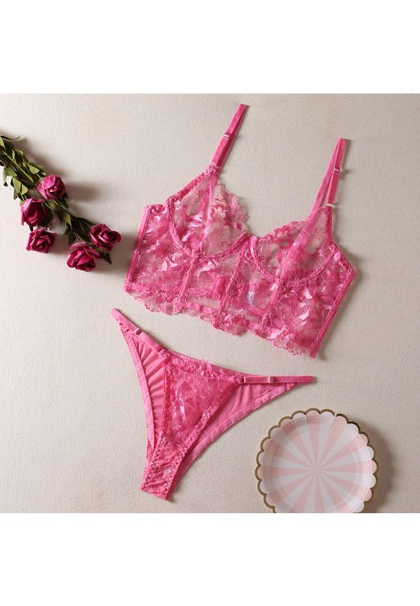 Intica - Komplet bielizny z gorsetowym topem i figami delikatny materiał Racheal. Kolor: różowy. Materiał: materiał