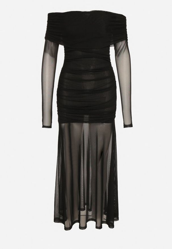 Born2be - Czarna Taliowana Sukienka Typu Hiszpanka z Transparentnymi Wstawkami Halacia. Typ kołnierza: dekolt hiszpanka. Kolor: czarny. Styl: elegancki