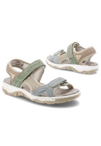 Sandały damskie Rieker, cholewka ze skóry ekologicznej z kolorowymi wstawkami regulowanymi paskami na rzep odkryty fason, kolorowe, 68866-94. Zapięcie: rzepy. Materiał: skóra ekologiczna. Wzór: kolorowy #6