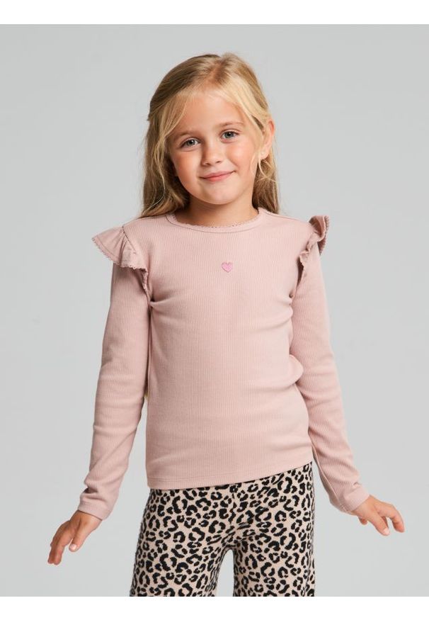 Sinsay - Prążkowana koszulka z falbankami - beżowy. Typ kołnierza: kołnierz z falbankami. Kolor: beżowy. Materiał: prążkowany