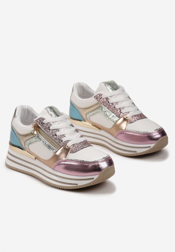Renee - Biało-Różowe Sneakersy z Metalicznymi Wstawkami i Brokatem na Grubej Podeszwie Anova. Kolor: biały. Materiał: skóra. Sezon: wiosna