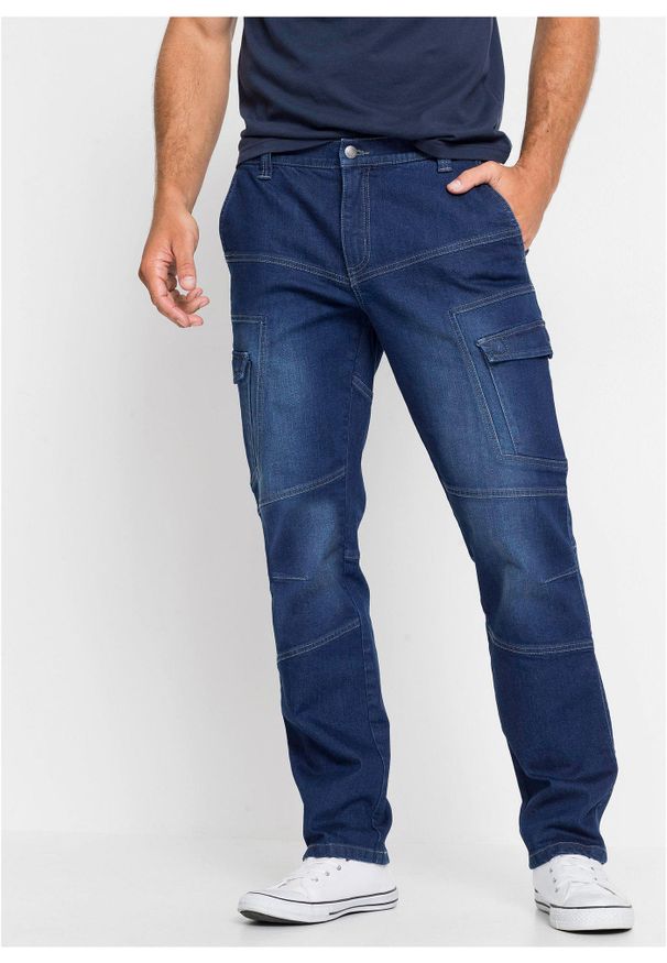 bonprix - Dżinsy bojówki z elastycznego materiału, regular fit, straight. Kolor: niebieski