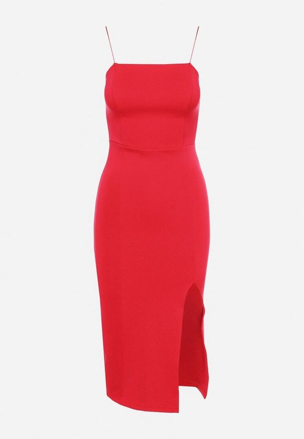 Born2be - Czerwona Koktajlowa Sukienka Bodycon na Cienkich Ramiączkach z Rozcięciem Melantia. Kolor: czerwony. Długość rękawa: na ramiączkach. Typ sukienki: bodycon. Styl: wizytowy