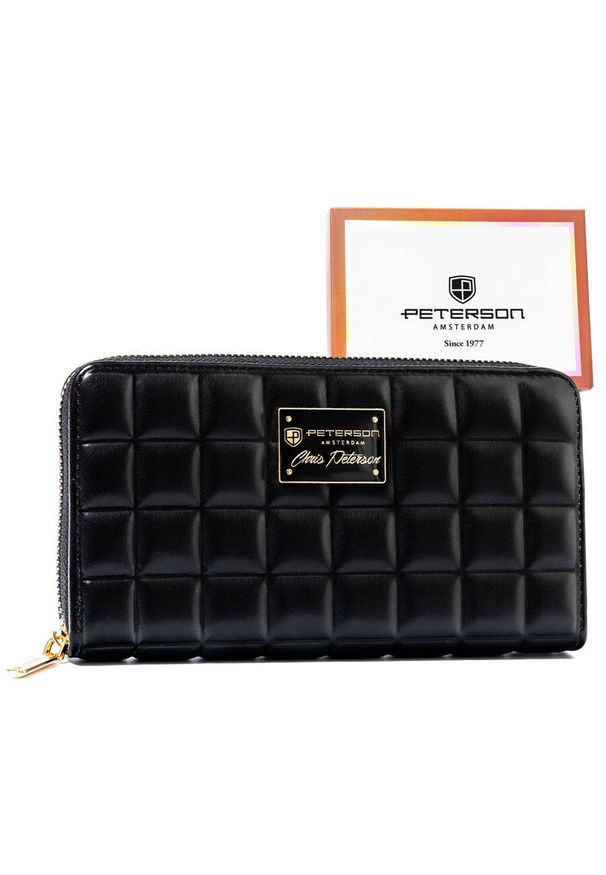 Modny portfel damski na zamek ze złotymi okuciami i pikowaną fakturą - Peterson. Kolor: złoty