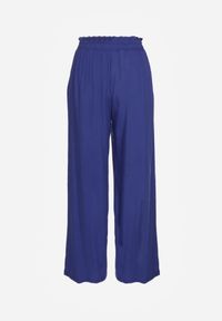 Renee - Granatowe Spodnie z Bawełny Typu Palazzo High Waist z Gumką w Talii Nelsaria. Okazja: na co dzień. Stan: podwyższony. Kolor: niebieski. Materiał: bawełna. Styl: elegancki, casual, wizytowy #2