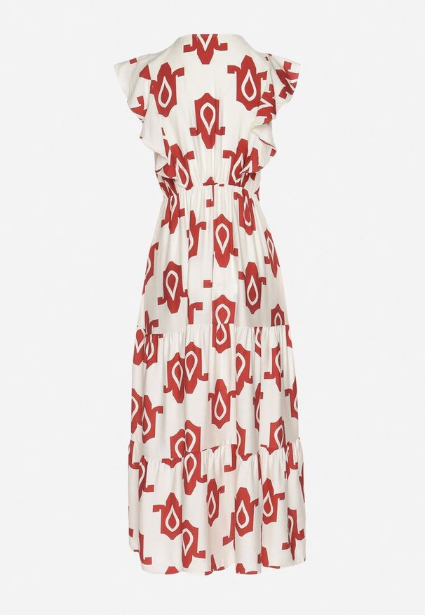 Born2be - Biało-Czerwona Sukienka z Wiskozy Ozdobiona Paskiem z Klamrą i Geometrycznym Wzorem Orivana. Okazja: na imprezę, na co dzień. Typ kołnierza: dekolt w kształcie V. Kolor: czerwony. Materiał: wiskoza. Wzór: aplikacja, geometria. Typ sukienki: proste. Styl: casual, elegancki