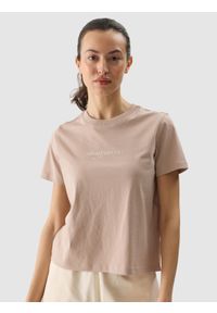 4f - 4F T-shirt regular z nadrukiem damski - beżowy L. Okazja: na co dzień. Kolor: beżowy. Materiał: dzianina, bawełna, jersey. Wzór: nadruk. Sezon: lato. Styl: sportowy, casual