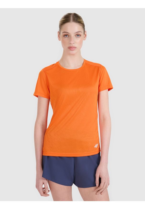 4f - 4F Koszulka do biegania regular damska - pomarańczowa S. Typ kołnierza: dekolt na plecach. Kolor: pomarańczowy. Materiał: dzianina, włókno, syntetyk, materiał. Długość: krótkie. Wzór: gładki, ze splotem. Sport: fitness
