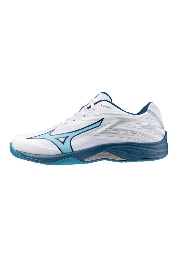 Buty siatkarskie męskie Mizuno Thunder Blade. Zapięcie: sznurówki. Kolor: biały, niebieski, wielokolorowy. Materiał: guma, syntetyk, tkanina, materiał. Szerokość cholewki: normalna