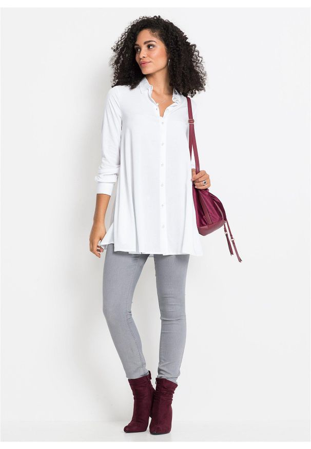 bonprix - Bluzka z czystej wiskozy. Typ kołnierza: dekolt w serek. Kolor: biały. Materiał: wiskoza. Długość: długie. Styl: elegancki