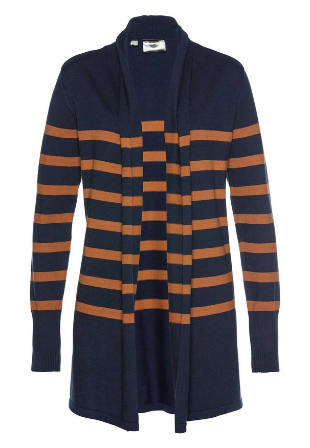 Długi sweter bez zapięcia bonprix ciemnoniebiesko-kasztanowy w paski. Kolor: niebieski. Materiał: poliamid, bawełna, materiał. Długość: długie. Wzór: paski