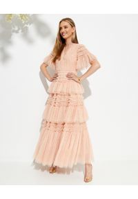 NEEDLE & THREAD - Sukienka maxi Clarabelle Gown. Kolor: różowy, wielokolorowy, fioletowy. Materiał: tiul. Wzór: aplikacja. Typ sukienki: rozkloszowane. Długość: maxi