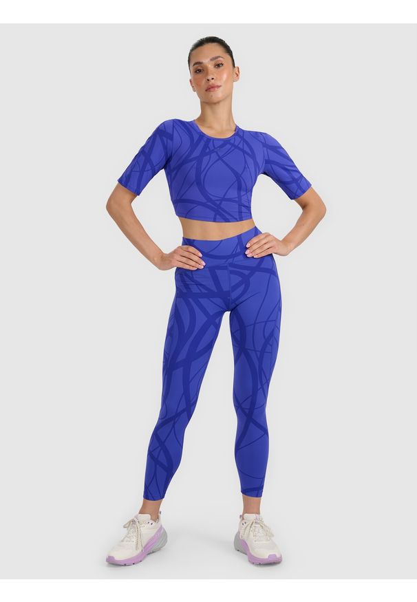 4f - 4F Legginsy treningowe szybkoschnące damskie - niebieskie M. Stan: podwyższony. Kolor: niebieski. Materiał: elastan, włókno, syntetyk, materiał. Długość: długie. Sport: fitness, joga i pilates