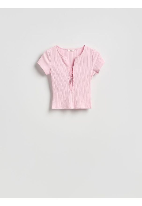 Reserved - Bluzka z wiązaniem - pastelowy róż. Kolor: różowy. Materiał: prążkowany, dzianina, bawełna