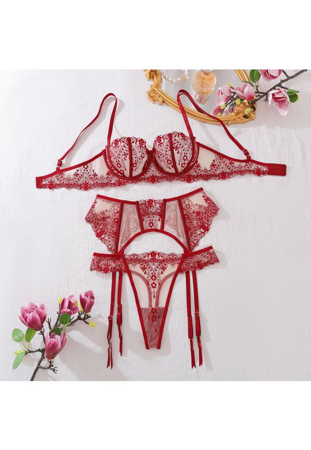 Intica - Komplet bielizny koronkowej z półmiseczkami dla wyjątkowych chwil Janay. Kolor: czerwony. Materiał: koronka