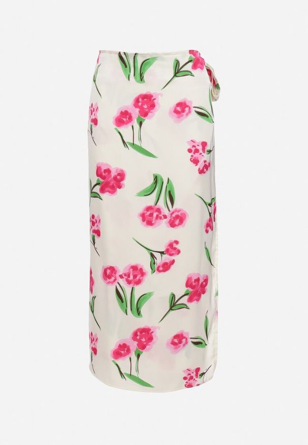 Born2be - Beżowo-Różowa Spódnica Satynowa o Kopertowym Fasonie Wiązana w Pasie w Kwiatowy Print Aisaleva. Okazja: na co dzień. Kolor: beżowy. Materiał: satyna. Wzór: nadruk, kwiaty. Styl: casual, klasyczny