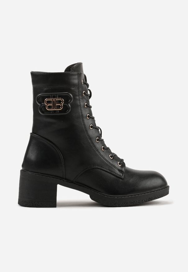 Renee - Czarne Botki Vices o Fasonie Trzewików na Słupku Zdobione Aplikacją Nuvitte. Okazja: na imprezę, na co dzień. Kolor: czarny. Materiał: futro, jeans, dzianina. Wzór: aplikacja. Obcas: na słupku. Styl: casual. Wysokość obcasa: średni