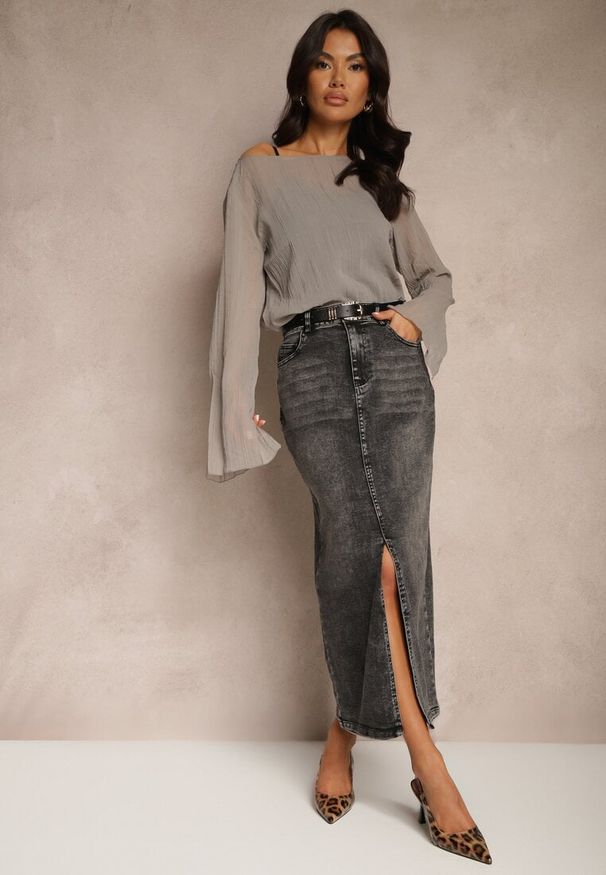 Renee - Czarna Jeansowa Spódnica Ołówkowa Fenlira. Okazja: na co dzień. Kolor: czarny. Materiał: jeans. Wzór: aplikacja. Styl: casual