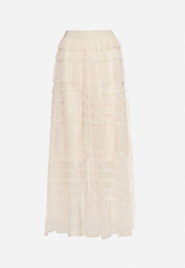 Born2be - Beżowa Bawełniana Spódnica Maxi z Siateczki Ozdobiona Falbankami Acael. Okazja: na spacer, na randkę. Kolor: beżowy. Materiał: bawełna. Wzór: aplikacja. Sezon: lato