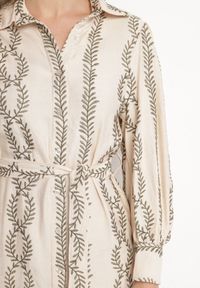 Born2be - Beżowa Koszulowa Sukienka z Wiskozy z Wiązanym Paskiem Zdobiona Haftem Rallisia. Okazja: na co dzień. Kolor: beżowy. Materiał: wiskoza. Wzór: aplikacja, haft. Typ sukienki: koszulowe. Styl: klasyczny, casual, elegancki #3