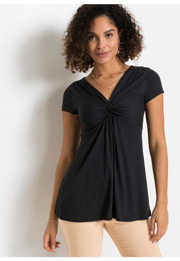 bonprix - T-shirt z mieszanki wiskozy. Typ kołnierza: dekolt w serek. Kolor: czarny. Materiał: wiskoza. Wzór: gładki, nadruk, aplikacja
