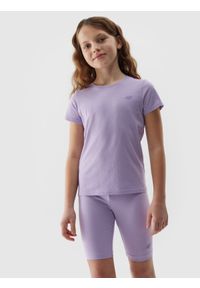 4f - 4F Legginsy kolarki dzianinowe dziewczęce - jasny fiolet 122/128 (6-8 lat). Okazja: na co dzień. Stan: obniżony. Kolor: fioletowy. Materiał: dzianina. Długość: krótkie. Wzór: jednolity, gładki, ze splotem. Sezon: lato. Styl: casual, sportowy #2