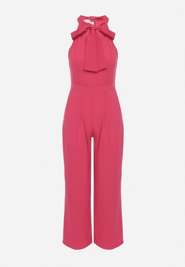 Born2be - Fuksjowy Kombinezon Bez Rękawów z Ozdobnym Wiązaniem i Szerokimi Nogawkami Silarine. Okazja: na co dzień. Kolor: różowy. Materiał: jeans. Długość rękawa: bez rękawów. Styl: klasyczny, casual, elegancki, sportowy