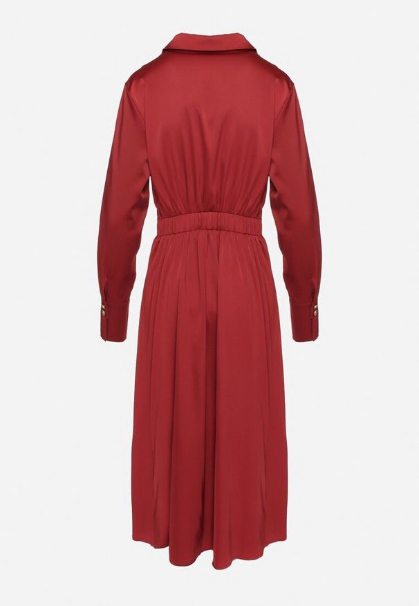 Born2be - Bordowa Rozkloszowana Sukienka o Koszulowym Kroju z Imitacją Kieszeni i Gumką w Talii Rizza. Okazja: na co dzień. Kolor: czerwony. Typ sukienki: koszulowe. Styl: casual, elegancki, klasyczny, wizytowy