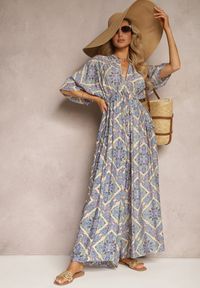 Renee - Niebieski Boho Kombinezon z Wiązaniem na Plecach z Gumką w Pasie i Długimi Nogawkami Sopolia. Kolor: niebieski. Materiał: skóra. Długość: długie. Styl: boho