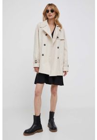 TOMMY HILFIGER - Tommy Hilfiger płaszcz damski kolor beżowy przejściowy dwurzędowy. Kolor: beżowy. Materiał: bawełna. Długość rękawa: raglanowy rękaw #6
