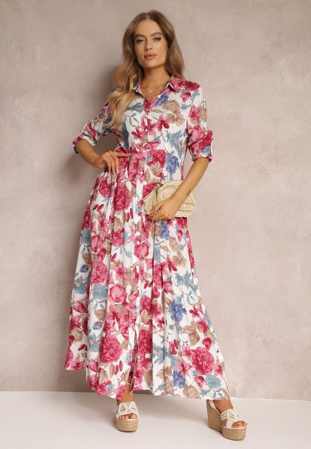 Renee - Biała Sukienka Koszulowa z Rozcięciem w Kwiaty Yamone. Kolor: biały. Materiał: tkanina, wiskoza. Długość rękawa: długi rękaw. Wzór: kwiaty. Typ sukienki: koszulowe. Styl: klasyczny. Długość: maxi