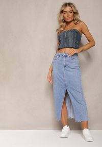 Renee - Niebieska Spódnica Jeansowa High Waist Midi z Bawełny z Rozcięciem Viris. Stan: podwyższony. Kolor: niebieski. Materiał: jeans, bawełna #4
