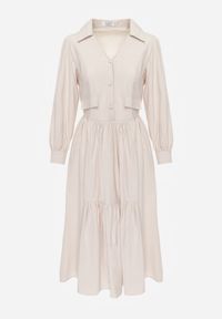 Renee - Beżowa Rozkloszowana Sukienka Koszulowa z Bawełny i Wiskozy Zdobiona Klapami Gleta. Okazja: na co dzień. Kolor: beżowy. Materiał: wiskoza, bawełna. Wzór: aplikacja. Typ sukienki: koszulowe. Styl: casual, elegancki #3