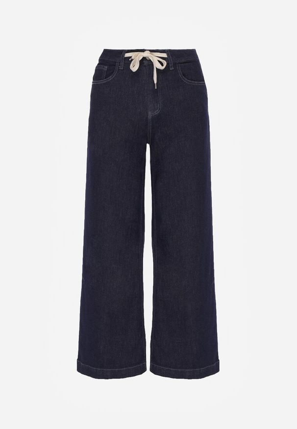 Born2be - Niebieskie Bawełniane Szerokie Jeansy z Wysokim Stanem Ozdobione Wiązaniem Lilinieth. Okazja: na co dzień. Stan: podwyższony. Kolor: niebieski. Wzór: aplikacja. Styl: klasyczny, casual