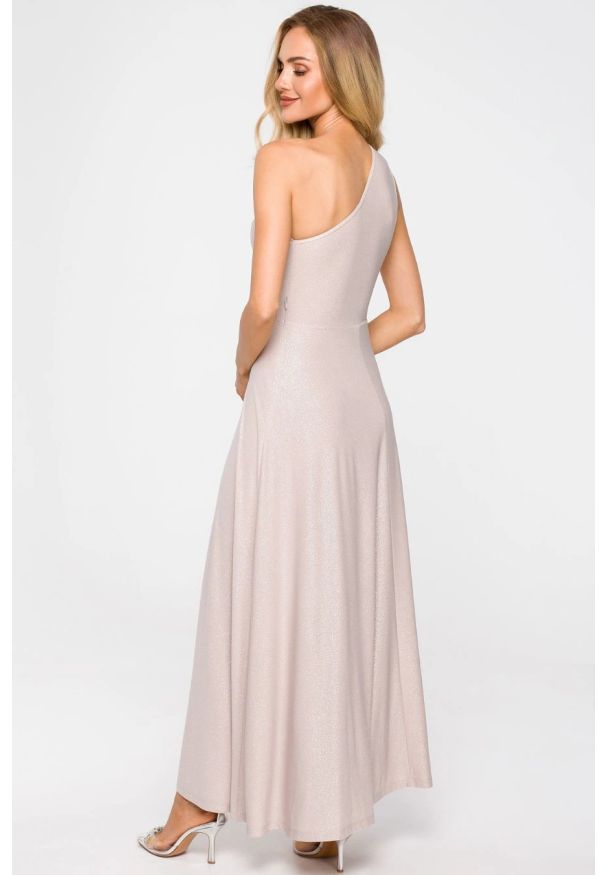 Sukienki.shop - Rozkloszowana suknia wieczorowa brokatowa szampańska. Okazja: na wesele, na imprezę, na studniówkę, na ślub cywilny. Styl: wizytowy