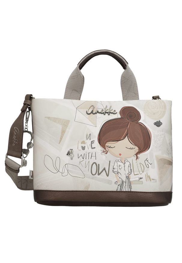 Torebka damska Anekke, z dekoracyjnym nadrukiem i metalowym logo z podwójną rączką oraz regulowanym paskiem zapinana na zamek, brązowa, 42801-222. Kolor: brązowy. Wzór: nadruk